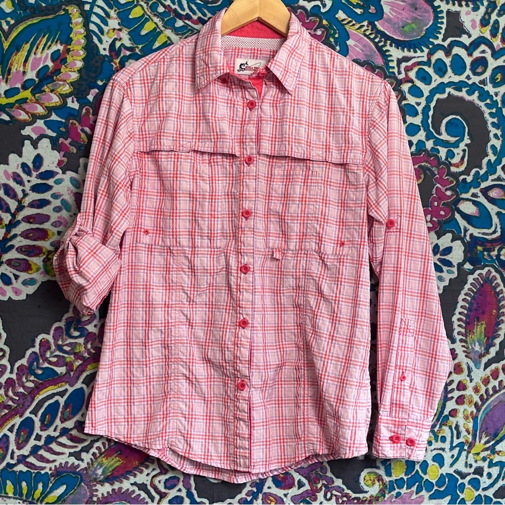 WORLD WIDE SPORTSMEN Fishing Top Coral Purple Plaid Button Down Medium